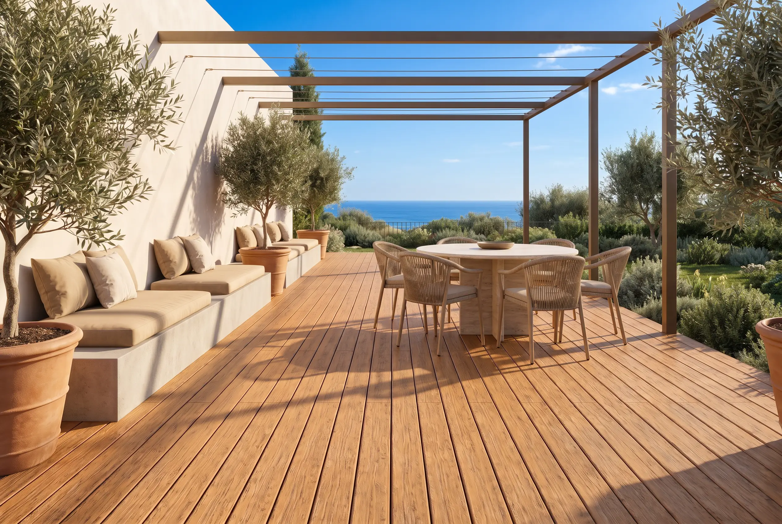 Terrasse en bois avec pergola, salon et table à manger, oliviers et vue sur la mer